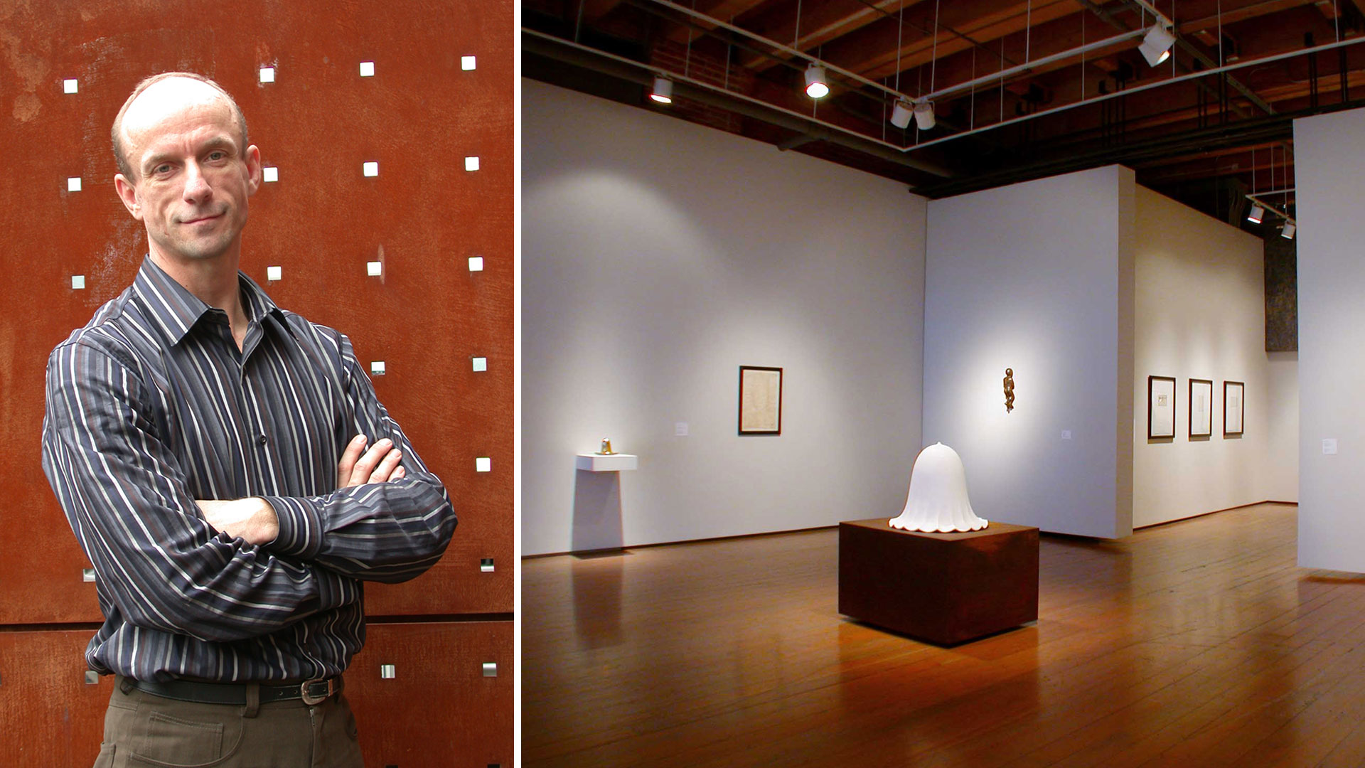 A photo of a man, and a photo of a gallery exhibit.