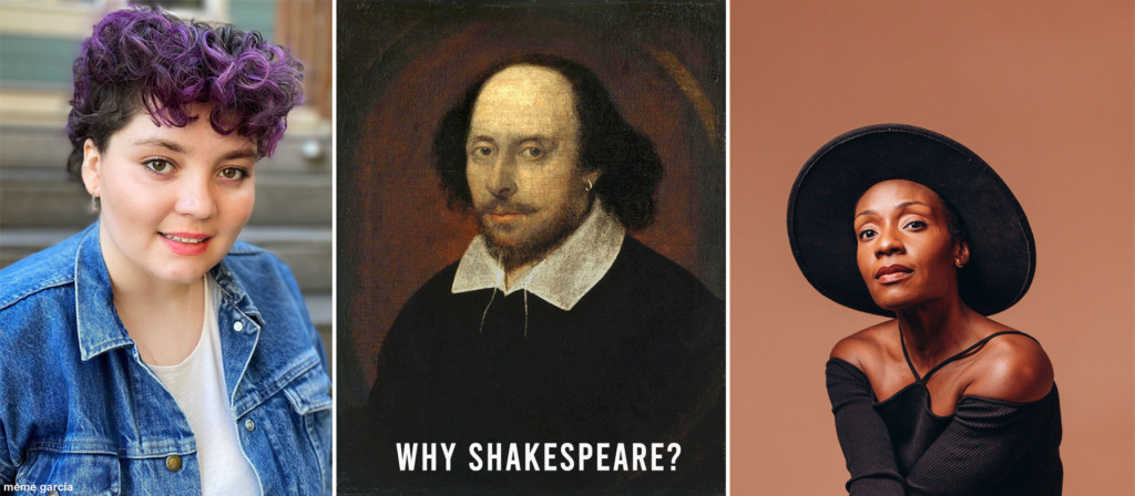 Three images (from left): a photo of a person, an oil painting of Shakespeare, and a portrait photo of a person.