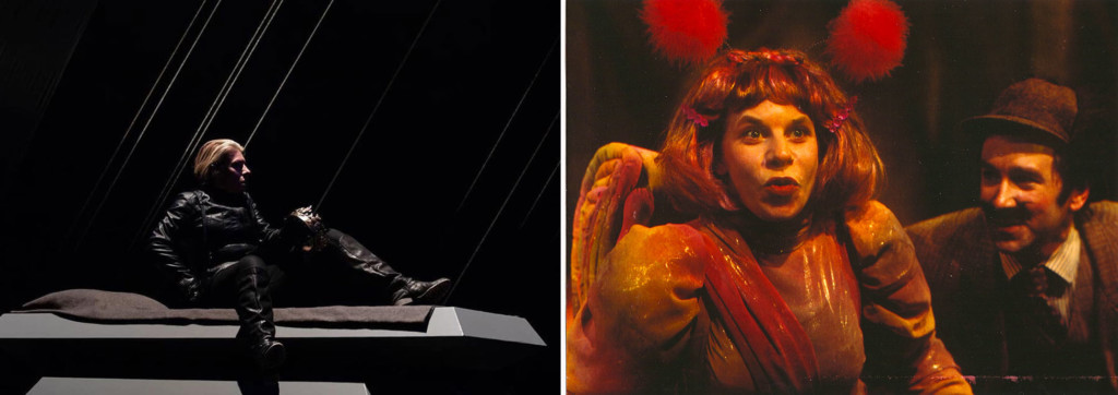 Two images (left) a person on a stage, (right) a two people in costume.