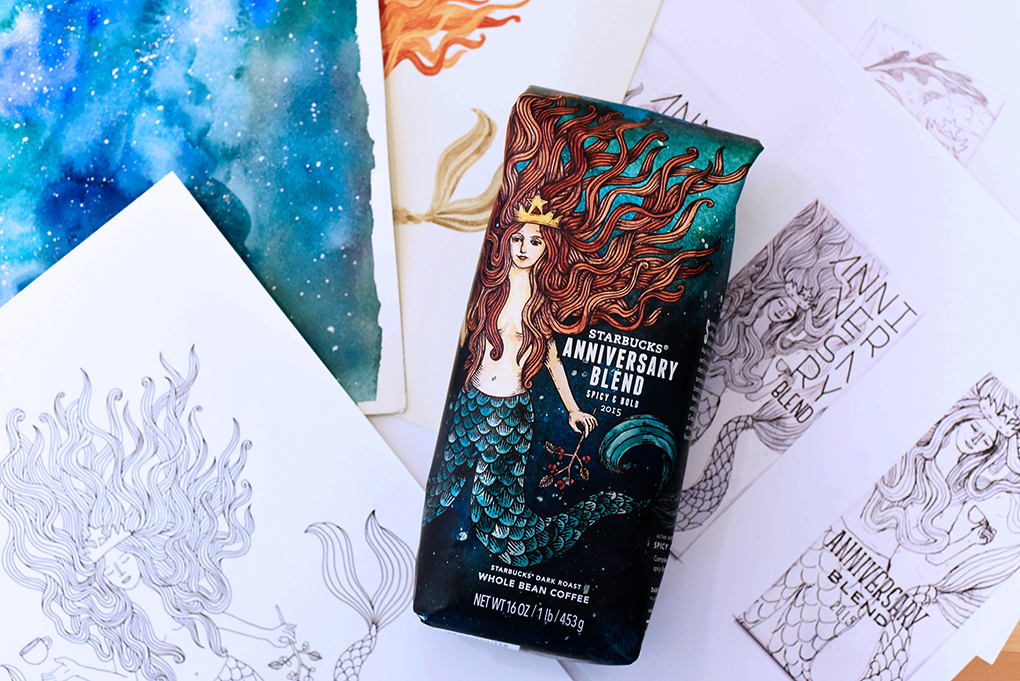 Cornish Art Coffee student design packaging featuring a mermaid, with sketches underneath