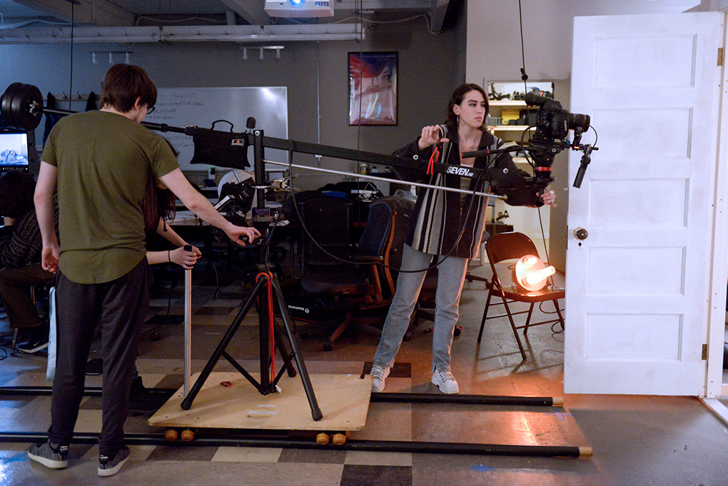 Film Students in Class with camera on a track
