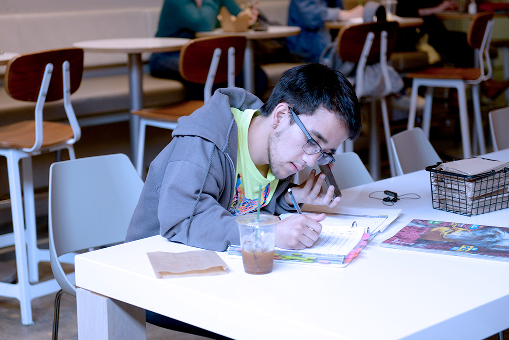Cornish Student in Cafe working / filling out paperwork