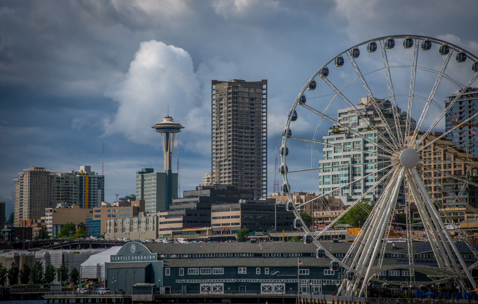 A city waterfront.