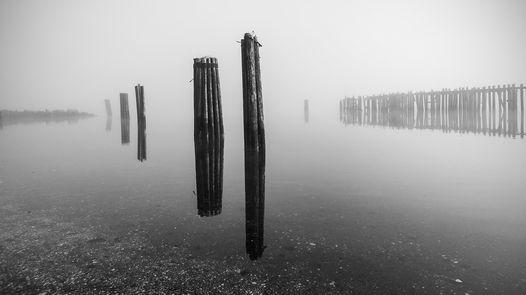 Black and white photo of Port Gamble, WA - tall pillars sticking out of a harbor with hazy sea walls in background.
