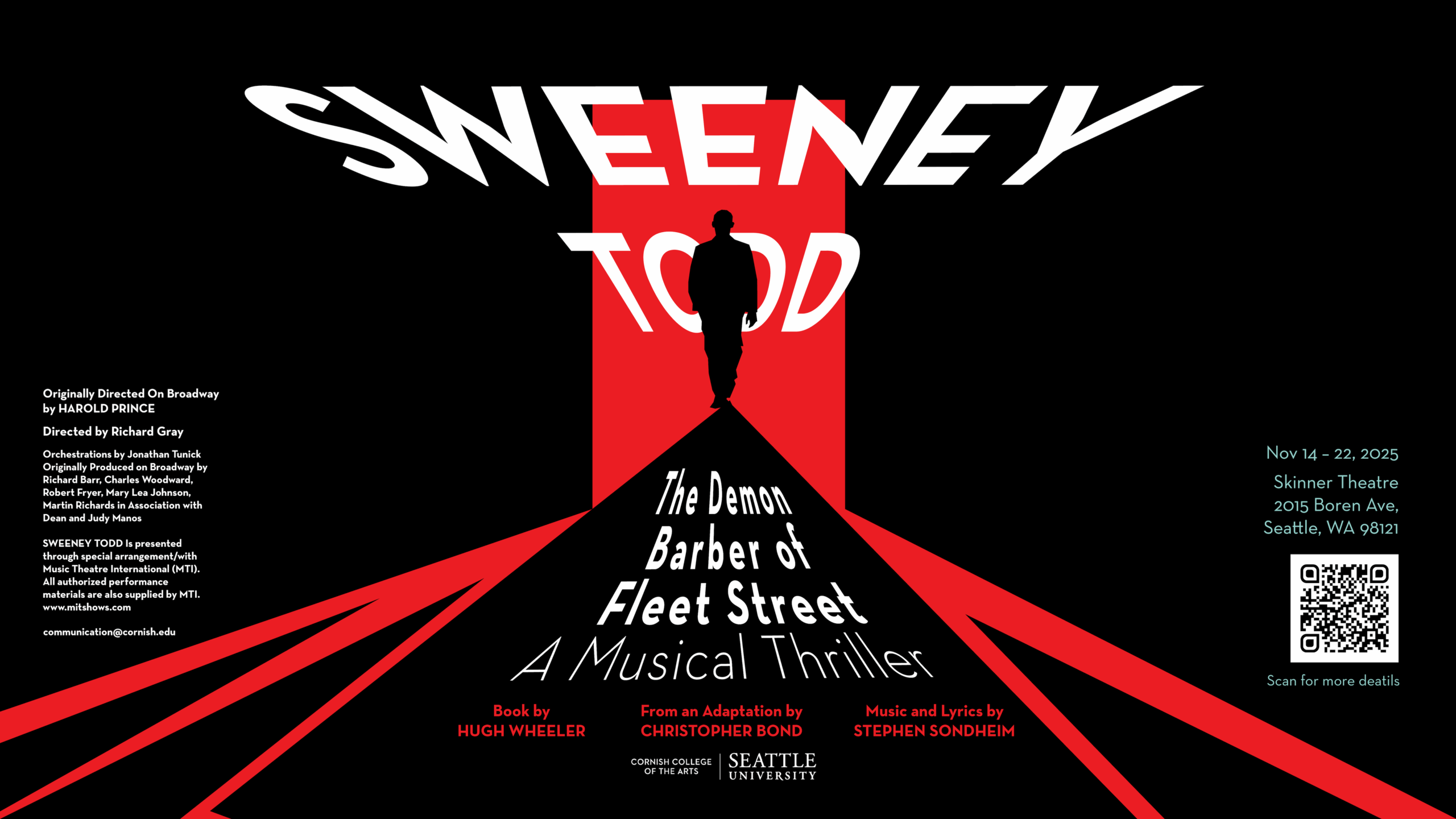 Black and red vector graphic with a person standing in a doorway backlit.