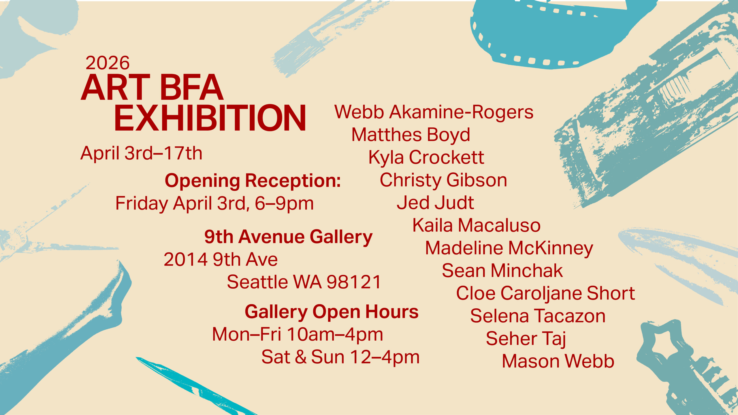 Marketing graphic for the 2026 Cornish College of the Arts Art BFA exhibition. Tan graphic with light blue screen print graphics and red text.