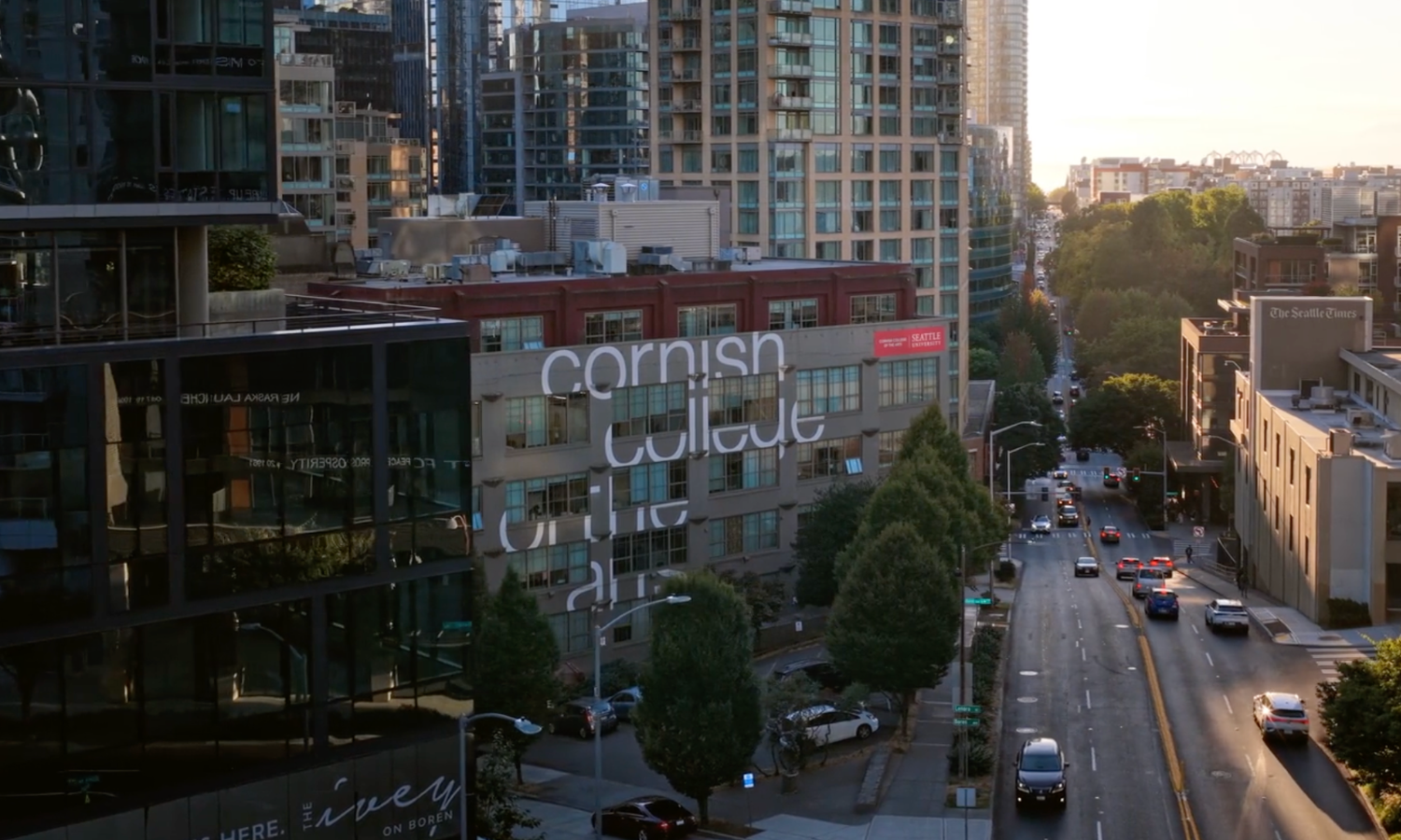 Aerial photo of Cornish College of the Arts at Seattle University campus in South Lake Union Seattle.