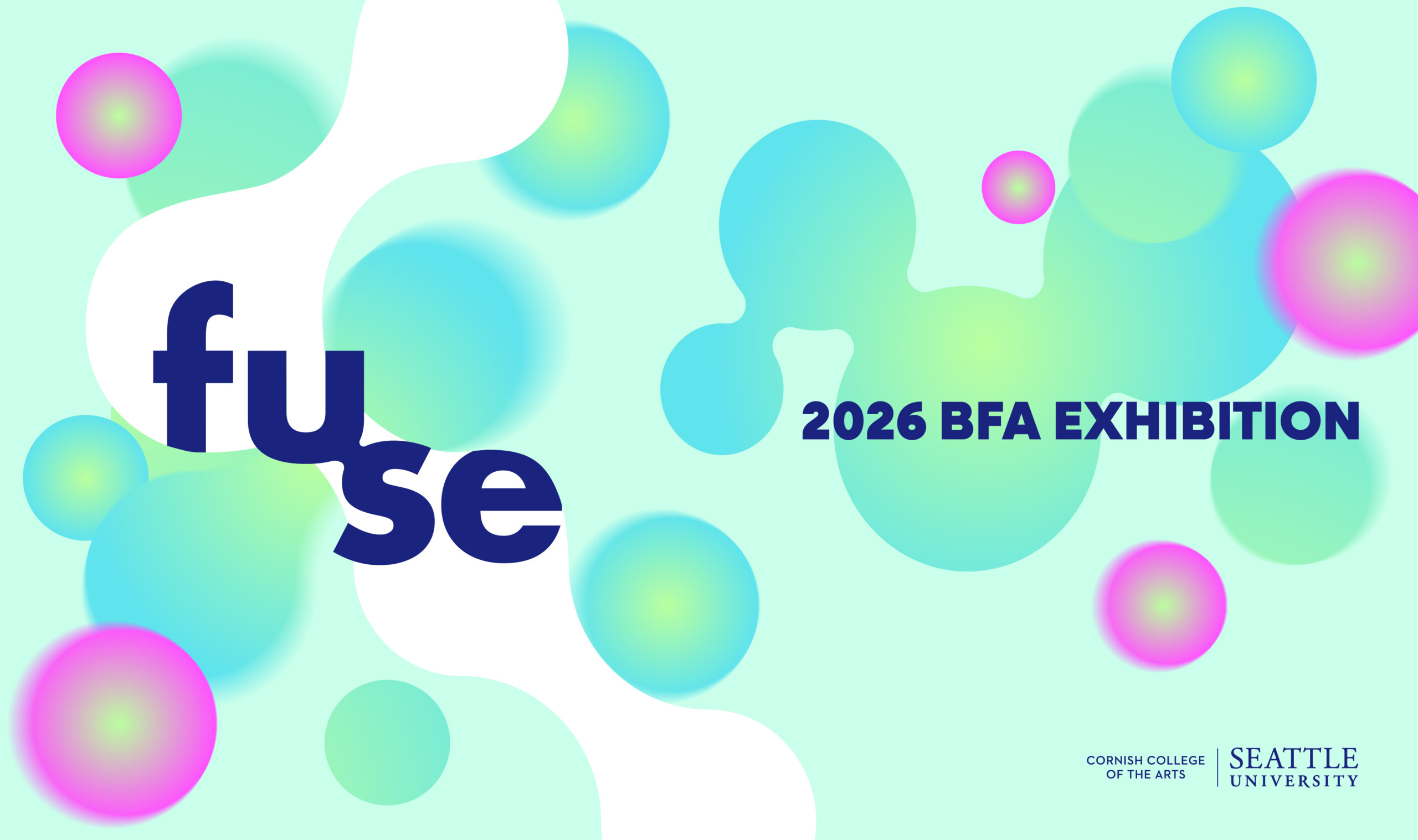 Fuse 2026 BFA exhibition teaser graphic; green orbs with pink accents and text.