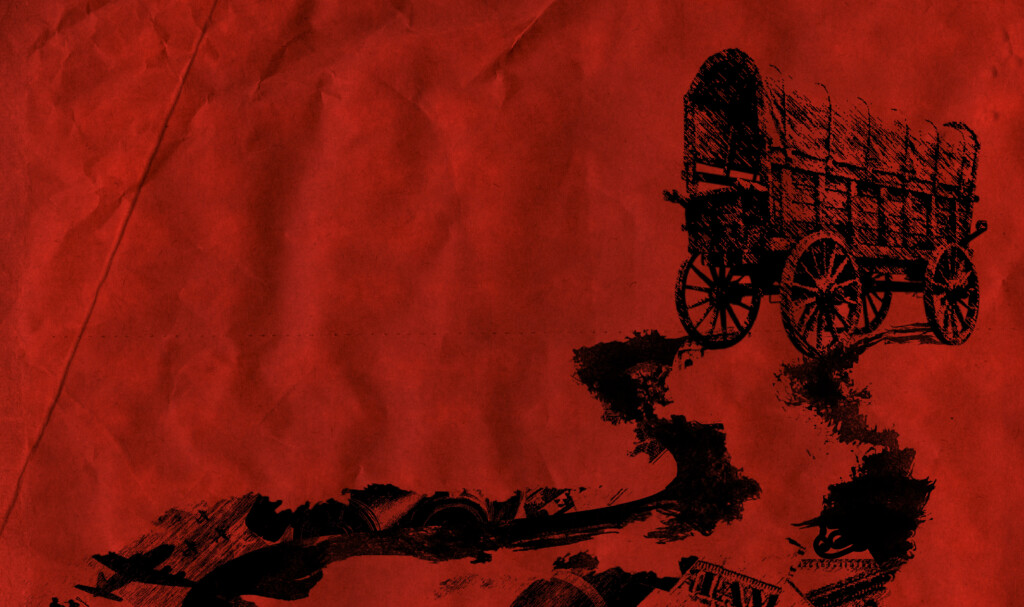 Red paper texture with printed covered wagon leaving tire tracks