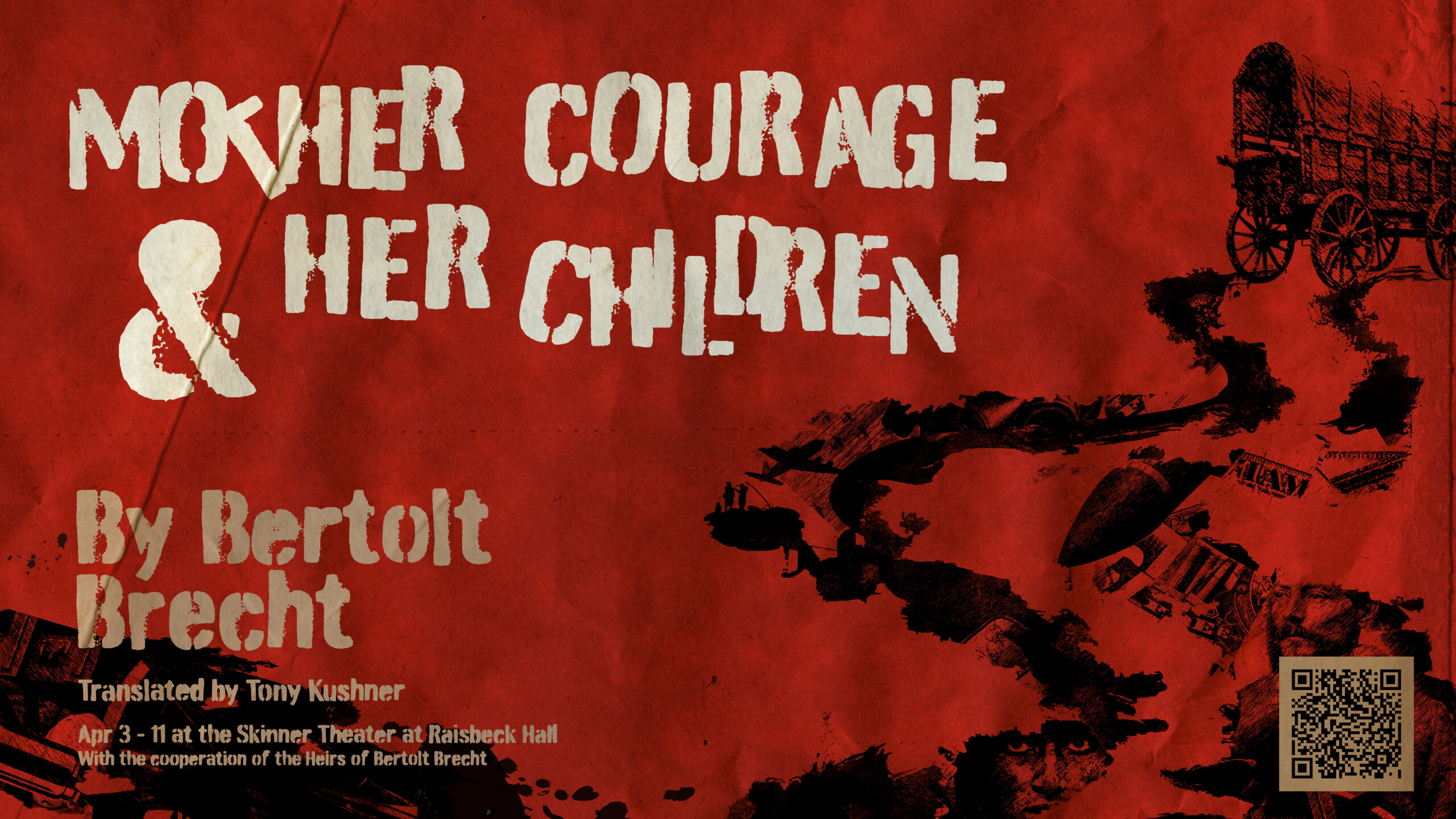 Marketing graphic for Mother Courage and Her Children - mostly red background with abstract wagon with tire marks.