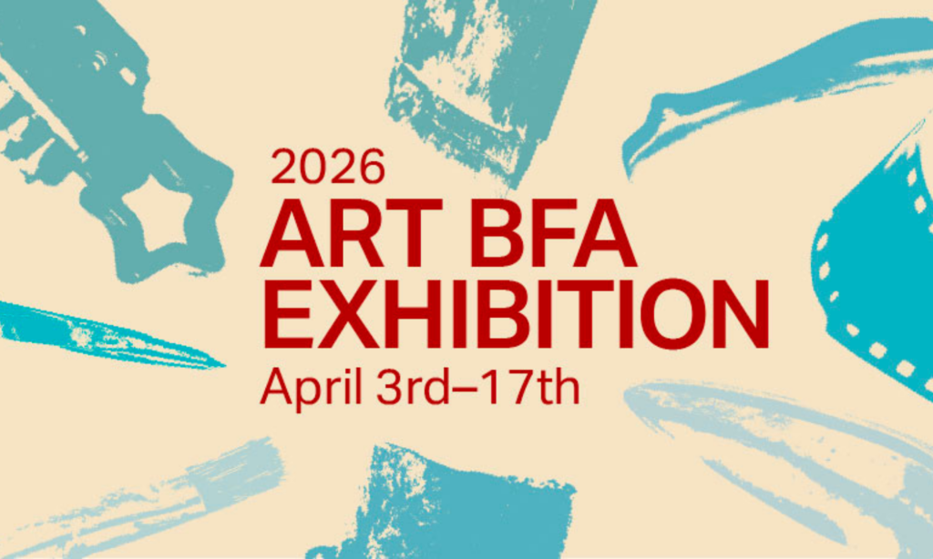 2026 Art BFA webpage header graphic | red text on tan background wi th blue screen print object graphics