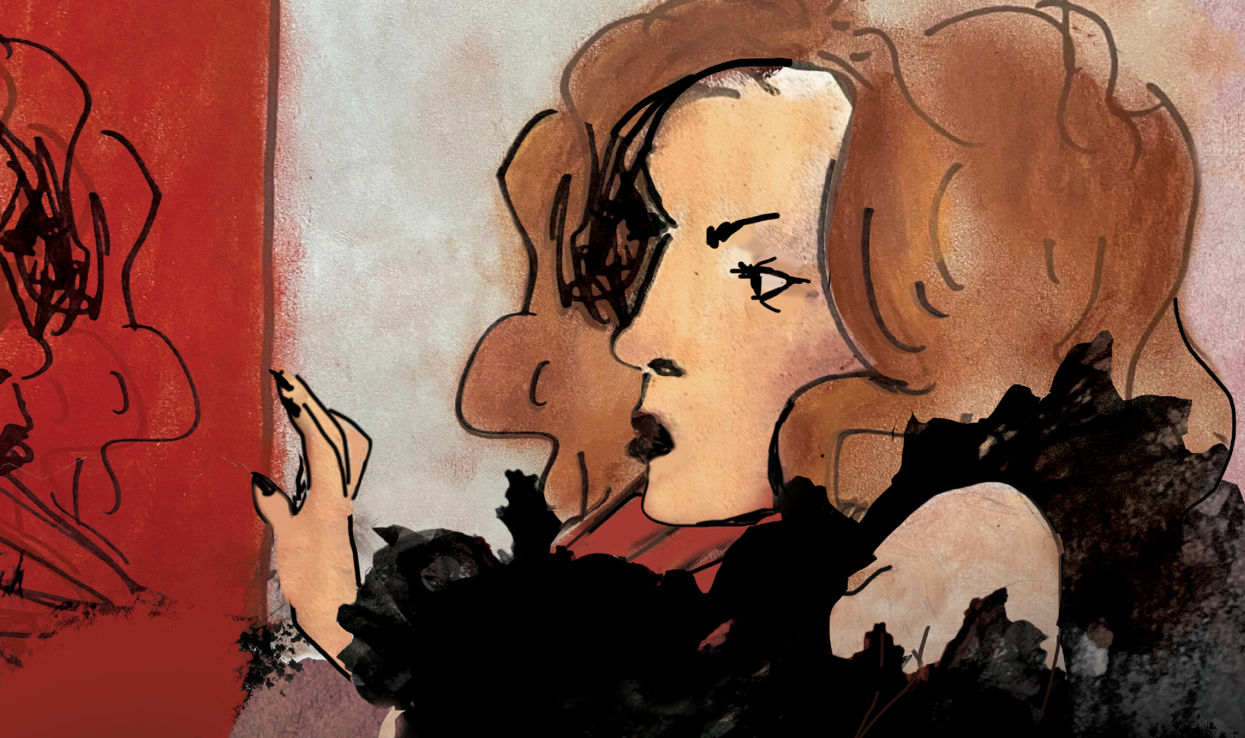 Digital illustration of a woman glancing pensively into a mirror