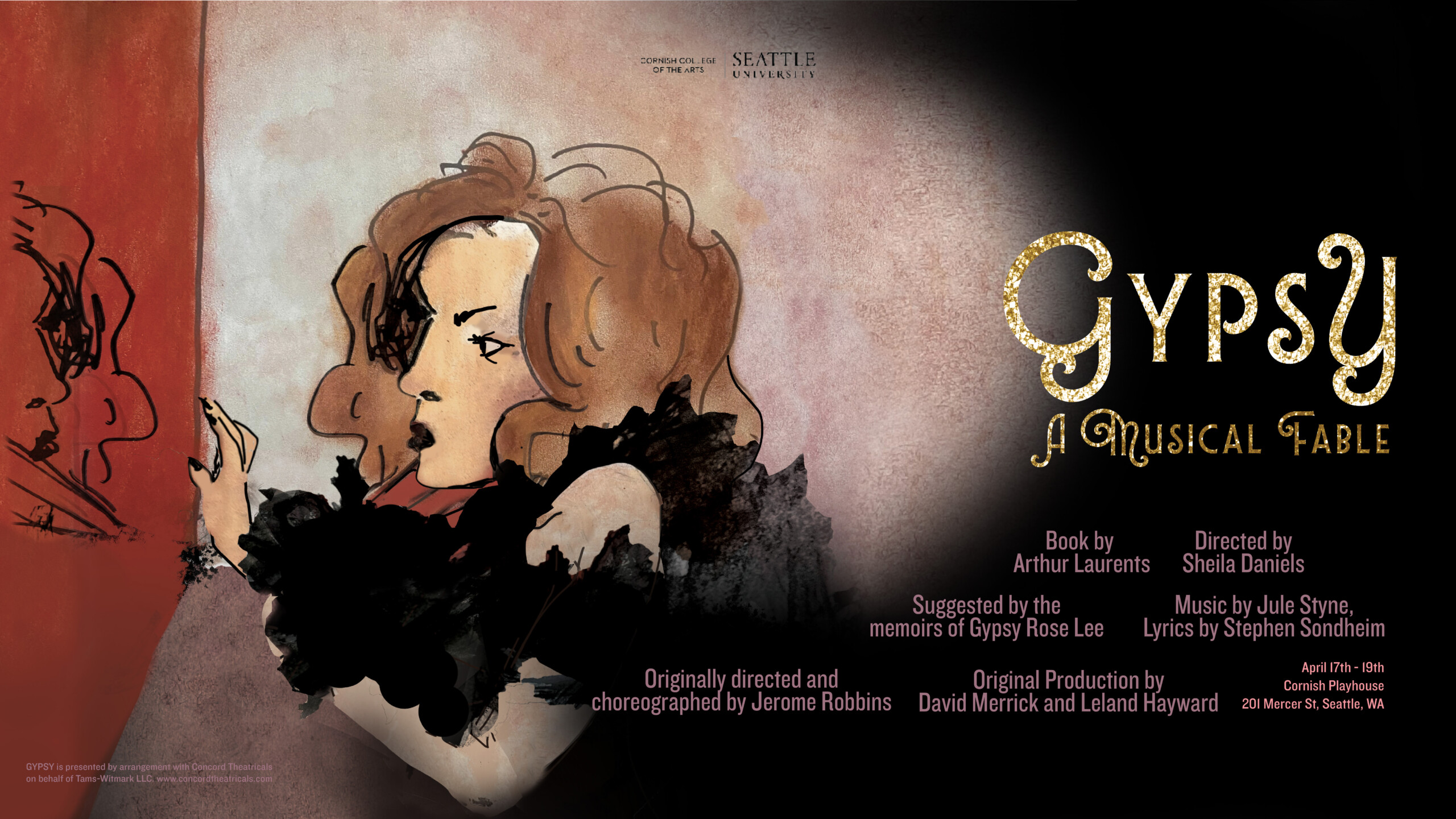 illustration of a woman looking into mirror in a fashion illustration style with text regarding Gypsy: A Musical Fable with production credits
