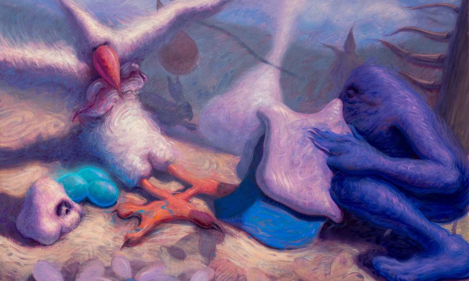 Oil painting of a surrealist scene sin light pastel colors with a semi-human form and bird. Artwork by Dana Blume. Too Slow for Friends or Glory, 2025 Oil on canvas. Photo by Dominic Nieri.