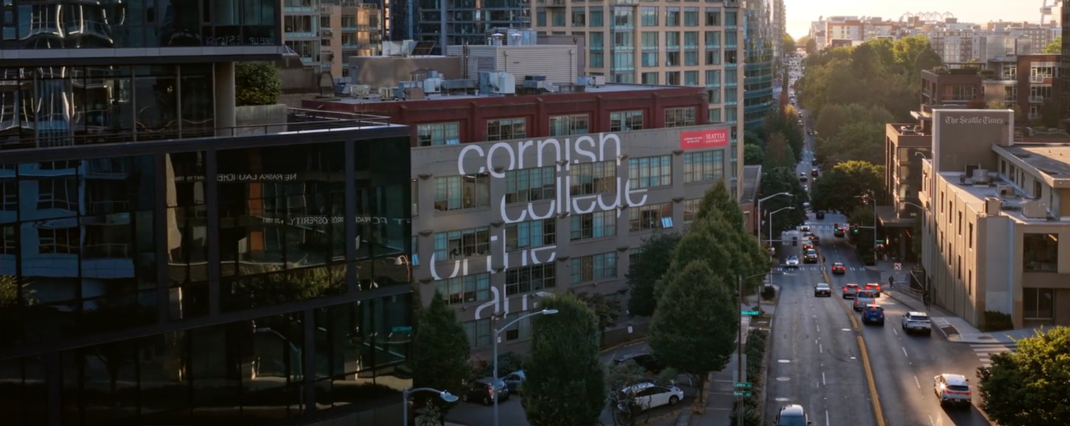 Aerial photo of Cornish College of the Arts in South Lake Union Seattle, with the space needle in the background